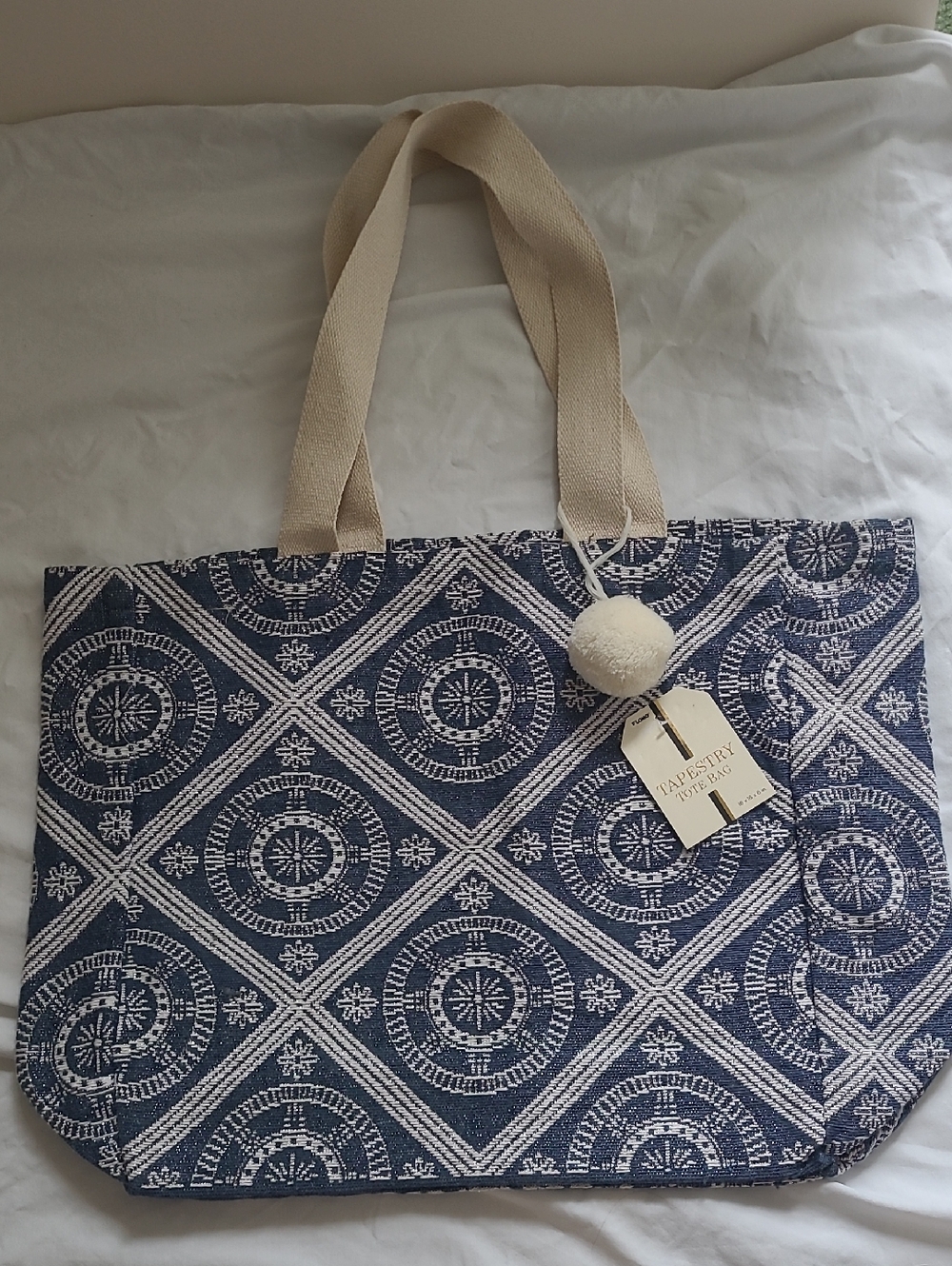 Tapestry Handwoven Navy Blue Patterned Tote Bag with Cream Handles